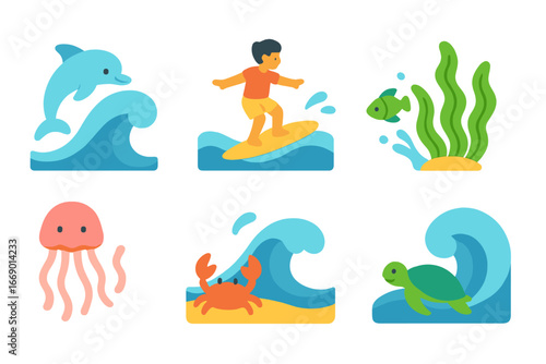 Marine Life Adventure. Flat vector mini-illustrations wave marine life in colors children's illustrations: dolphin riding wave,