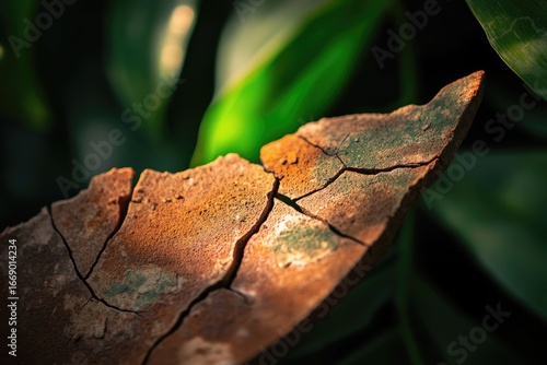 A broken piece of brick or earthenware lies against soft-focus green leaves, illuminated by a warm light, suggesting decay and nature.