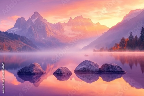 A serene landscape featuring majestic mountains, a tranquil lake with stones, and a sky painted in soft pastel colors during sunrise.