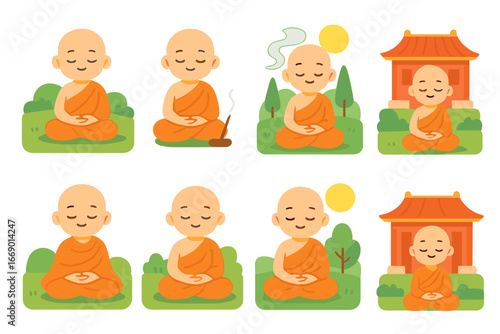 Meditative Monk Icons. Flat vector mini-illustrations Monk meditation in colors children's illustrations: sitting cross-legged,