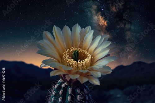 A blooming cactus flower under a starlit night sky, mountains in the distance creating a surreal desert landscape.