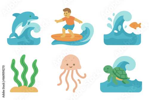 Marine Life Adventure. Flat vector mini-illustrations wave marine life in colors children's illustrations: dolphin riding wave,