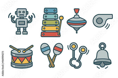 Metallic Toy Sounds. Flat vector mini-illustrations metallic toy sounds in colors children's illustrations: metal robot clanking,