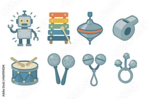 Metallic Toy Sounds. Flat vector mini-illustrations metallic toy sounds in colors children's illustrations: metal robot clanking,