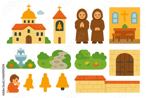 Monastery Mini Illustrations. Flat vector mini-illustrations monastery in colors children's illustrations: monastery building,