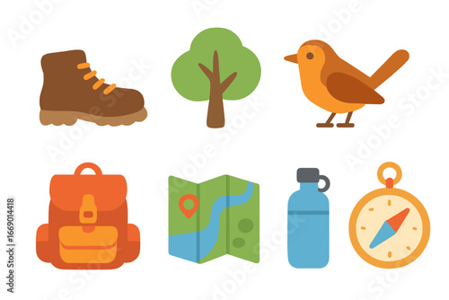 Nature Walk Essentials. Flat vector mini-illustrations weekend nature walk in colors children's illustrations: hiking boots,