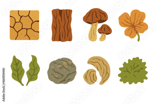 Nature's Wrinkles Grid. Flat vector mini-illustrations wrinkles in nature in colors children's illustrations: cracked earth,