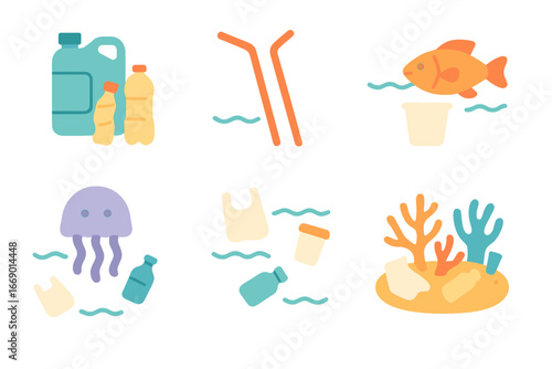Ocean Plastic Pollution. Flat vector mini-illustrations ocean plastic pollution in colors children's illustrations: plastic