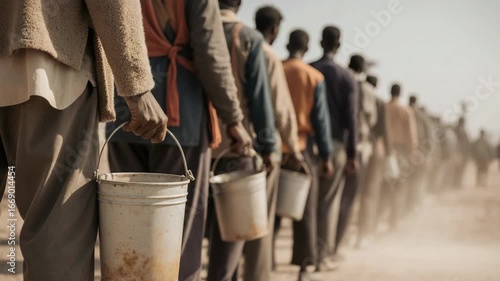 Long line of people holding buckets in arid landscape under bright sky