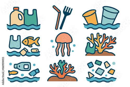 Ocean Plastic Pollution. Flat vector mini-illustrations ocean plastic pollution in colors children's illustrations: plastic