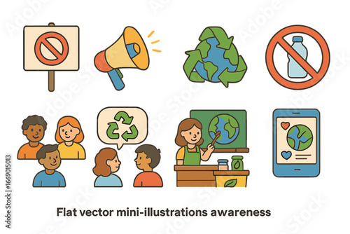 Plastic Ban Awareness Icons. Flat vector mini-illustrations plastic ban awareness in colors children's illustrations: protest sign