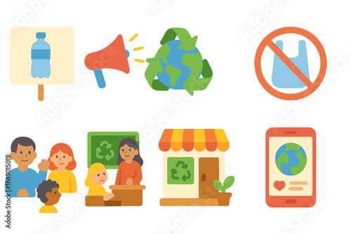 Plastic Ban Awareness Icons. Flat vector mini-illustrations plastic ban awareness in colors children's illustrations: protest sign