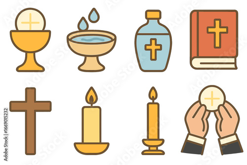 Sacrament Symbols Grid. Flat vector mini-illustrations sacrament in colors children's illustrations: chalice, communion wafer,