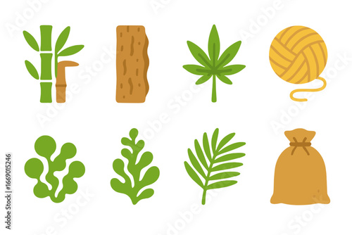 Renewable Materials Icons. Flat vector mini-illustrations renewable raw materials in colors children's illustrations: bamboo stalk