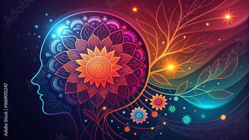 Vibrant mindscape with glowing mandala and creative energy flowing outward, symbolizing imagination and growth in a colorful, abstract design