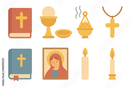 Sacred Items Icons. Flat vector mini-illustrations Sacred items in colors children's illustrations: holy gospel, chalice, paten,