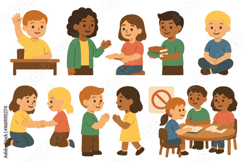 School Safety Icons. Flat vector mini-illustrations Respect in school in colors children's illustrations: raising hand, listening
