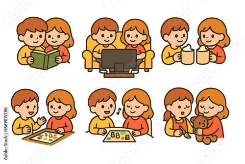 Snuggle Time Activities. Flat vector mini-illustrations snuggle time activities in colors children's illustrations: reading book,