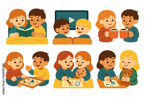 Snuggle Time Activities. Flat vector mini-illustrations snuggle time activities in colors children's illustrations: reading book,
