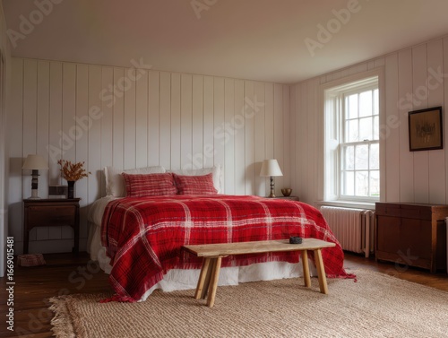 A cozy bedroom boasts a str...