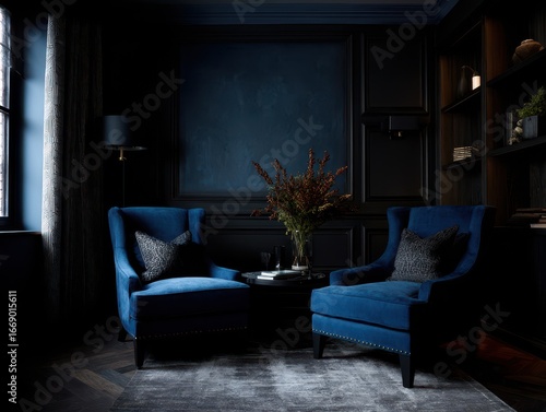 A dark, luxurious study boa...
