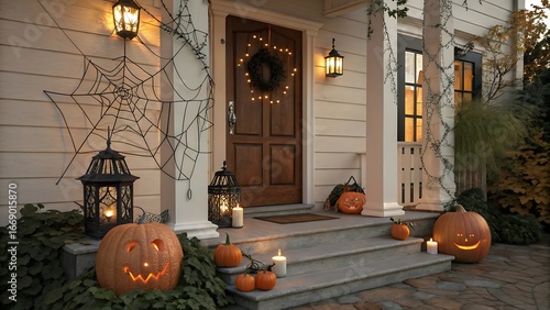 Festive halloween decorations adorn a welcoming front porch with jack o lanterns and autumnal ambiance