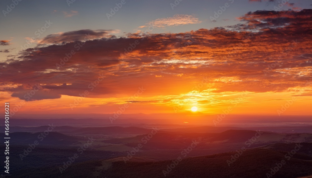 Fototapeta premium sunset glowing with warm hues blending soft cloudscape against serene landscape horizon