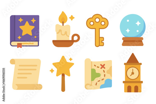 Storytime Magic Icons. Flat vector mini-illustrations storytime objects in colors children's illustrations: magic book, glowing