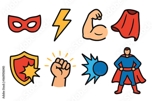 Superhero Icons Grid. Flat vector mini-illustrations superhero powers in colors children's illustrations: superhero mask,