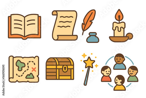 Storytelling Tools Icons. Flat vector mini-illustrations storytelling tools in colors children's illustrations: open book, scroll,