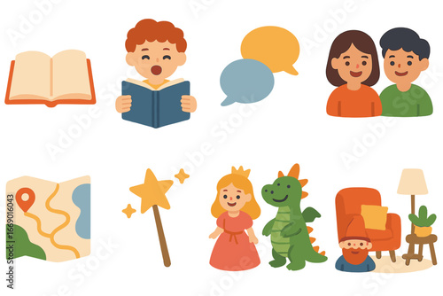 Storytime Magic Icons. Flat vector mini-illustrations sentence storytelling in colors children's illustrations: open book, child