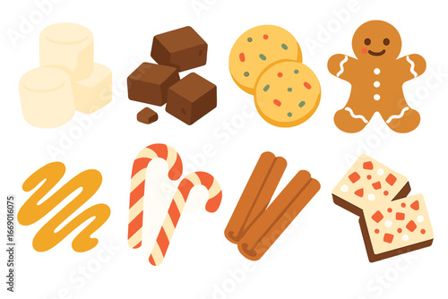 Sweet Treat Icons. Flat vector mini-illustrations sweet treats in colors children's illustrations: marshmallows, chocolate chunks,