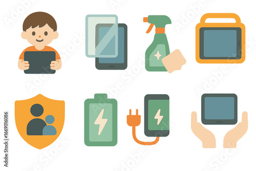 Tablet Safety Icons. Flat vector mini-illustrations tablet safety and care in colors children's illustrations: child holding