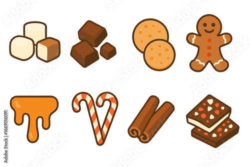 Sweet Treat Icons. Flat vector mini-illustrations sweet treats in colors children's illustrations: marshmallows, chocolate chunks,