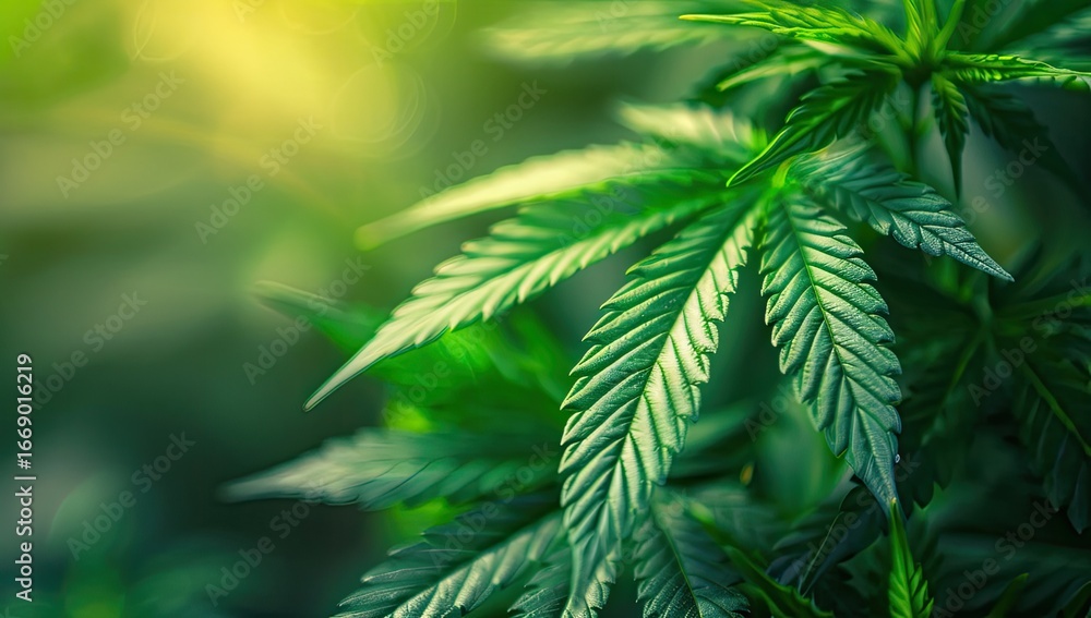 Fototapeta premium Lush, vibrant green cannabis leaves bathed in soft sunlight, creating a serene and natural backdrop. The focus is on the detailed textures and rich coloration of the foliage