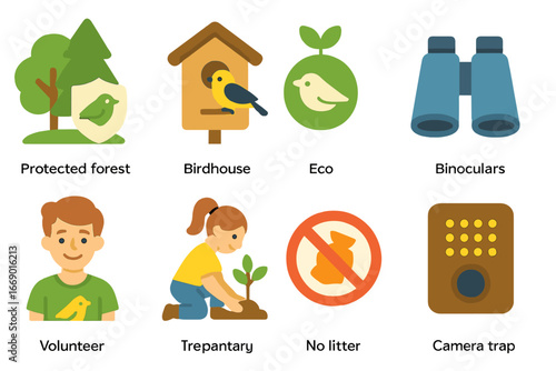 Warbler Conservation Icons. Flat vector mini-illustrations warbler conservation in colors children's illustrations: protected