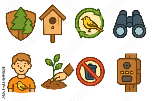 Warbler Conservation Icons. Flat vector mini-illustrations warbler conservation in colors children's illustrations: protected