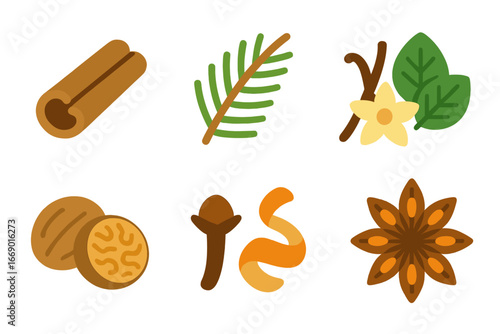 Winter Aromas Icons Grid. Flat vector mini-illustrations winter scents in colors children's illustrations: cinnamon stick, pine