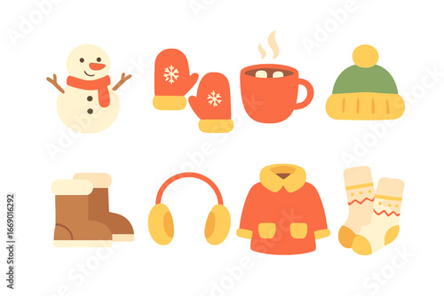 Winter Cozy Icons. Flat vector mini-illustrations winter snuggle in colors children's illustrations: snowman with scarf, mittens,