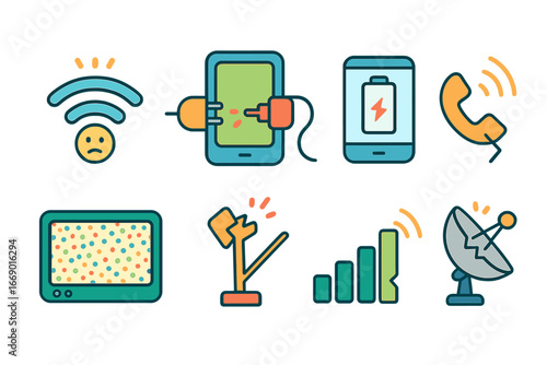 Wireless Energy Issues. Flat vector mini-illustrations wireless energy loss in colors children's illustrations: weak wifi signal,