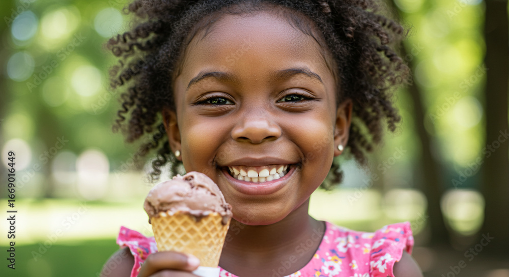 Naklejka premium Happy Little Girl Enjoying Delicious Ice Cream Cone Outdoors