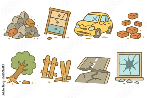 Aftermath in Icons. Flat vector mini-illustrations aftermath of collapse in colors children's illustrations: rubble pile, broken
