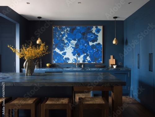 A dark, dramatic kitchen bo...