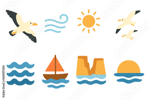 Albatross Soaring Adventure. Flat vector mini-illustrations albatross flight in colors children's illustrations: soaring albatross