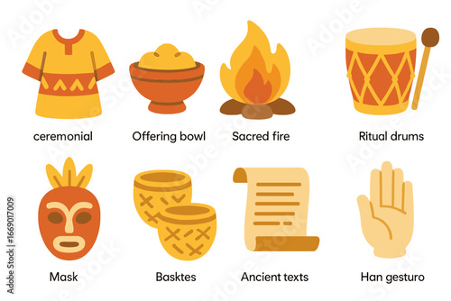 Ancient Customs Icons. Flat vector mini-illustrations problem solving in colors children's illustrations: puzzle piece, question