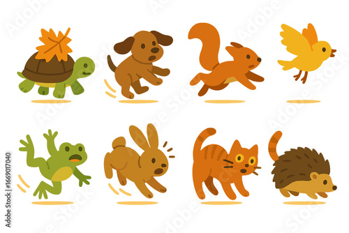 Animal Fall Fun. Flat vector mini-illustrations animal fall in colors children's illustrations: falling leaf on turtle, slipping