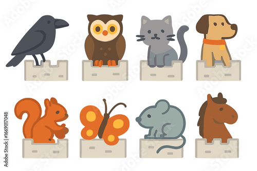 Animal Battlement Grid. Flat vector mini-illustrations battlements animals in colors children's illustrations: raven, owl, cat,