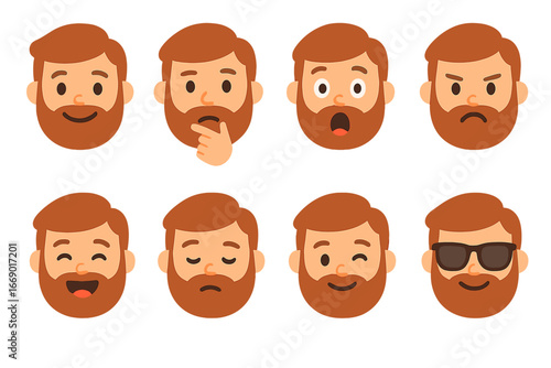 Beard Expression Icons. Flat vector mini-illustrations beard expressions in colors children's illustrations: smiling bearded face,