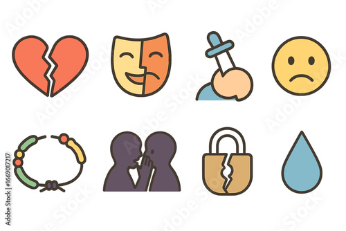 Betrayal Icon Set. Flat vector mini-illustrations betrayal in colors children's illustrations: broken heart, two-faced mask,