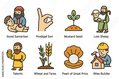Bible Parables Icons. Flat vector mini-illustrations bible parables in colors children's illustrations: good samaritan, prodigal